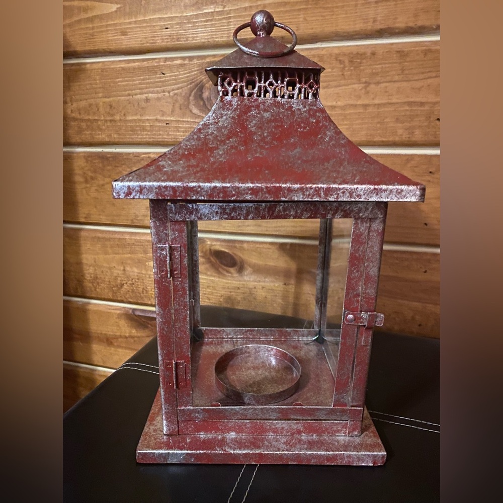 Rustic Red Metal Lantern Candle Holder Farmhouse Distressed Glass Decor